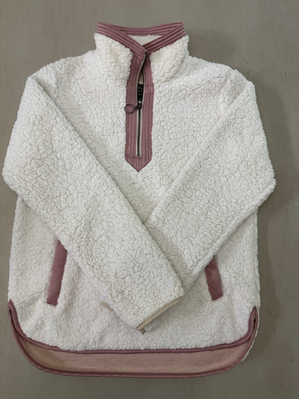 Abercrombie & Fitch Cream Sherpa Zip Pullover with Dusty Rose Trim